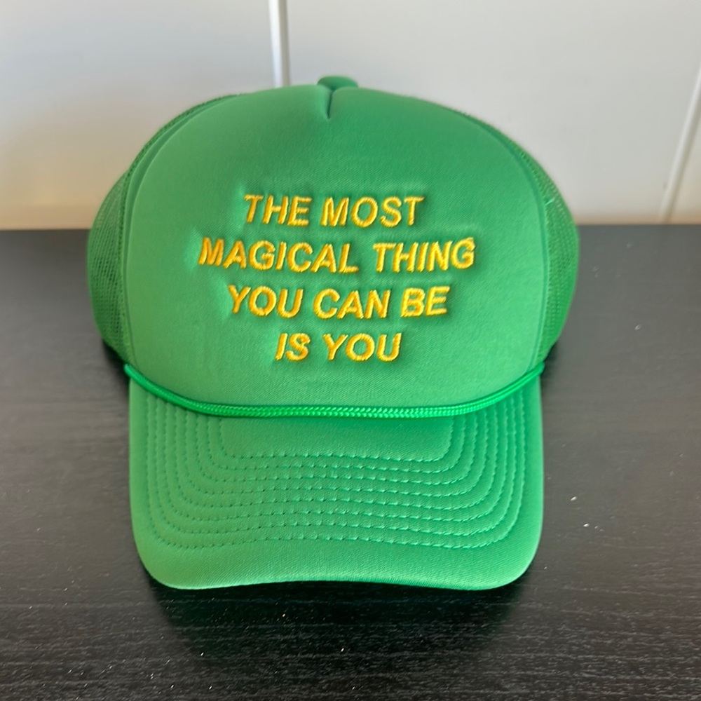 Dressed in Lala Green Trucker Hat with Yellow Embroidery
